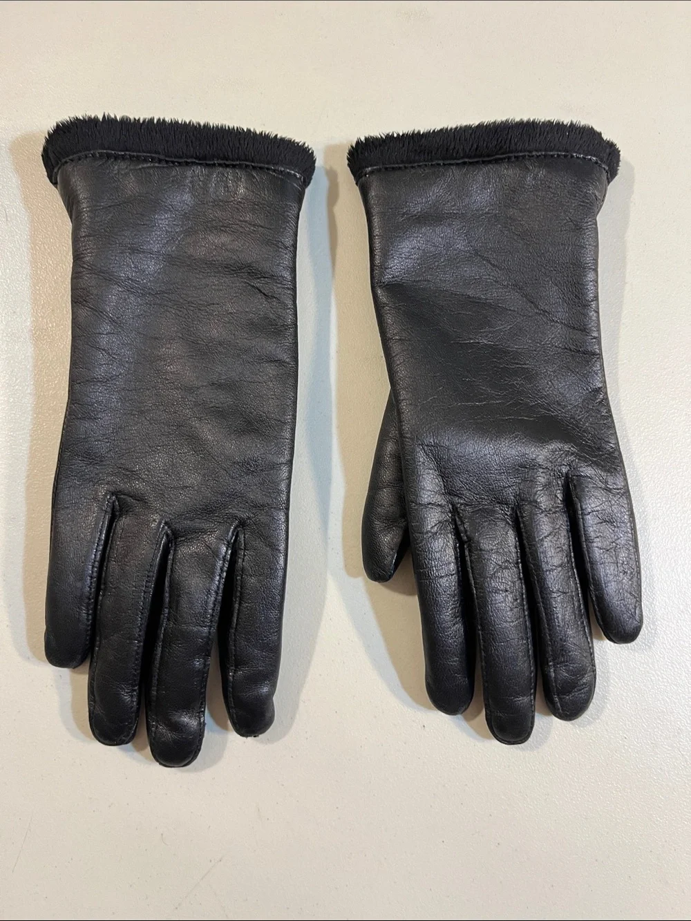 Charter Club Black Leather Gloves with Short Fur Trim